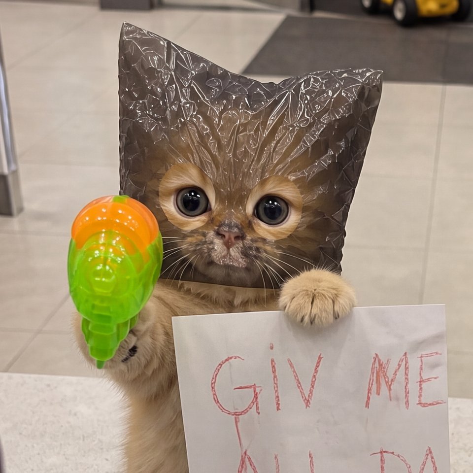 Lion in a plastic-bag mask holding a water gun